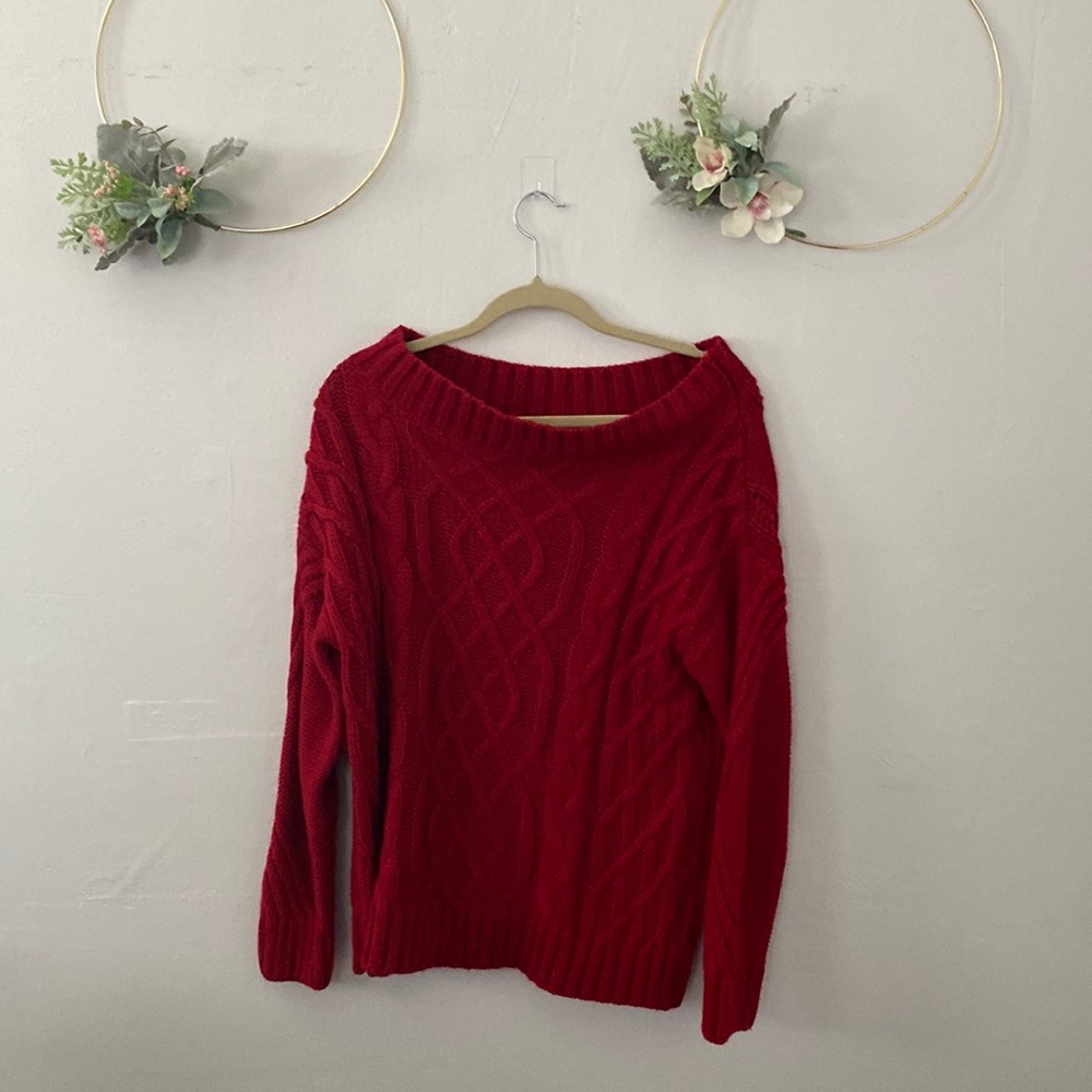 Red cable knit sweater, off the should sweater